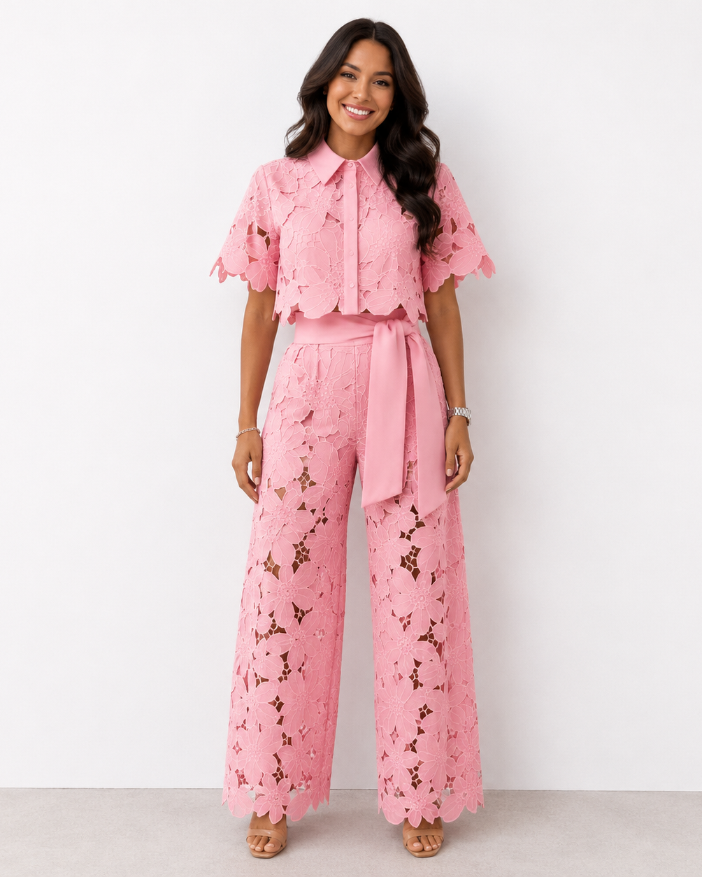 Floral Lace Two Piece Set – Tied Waist Wide-Leg Pants