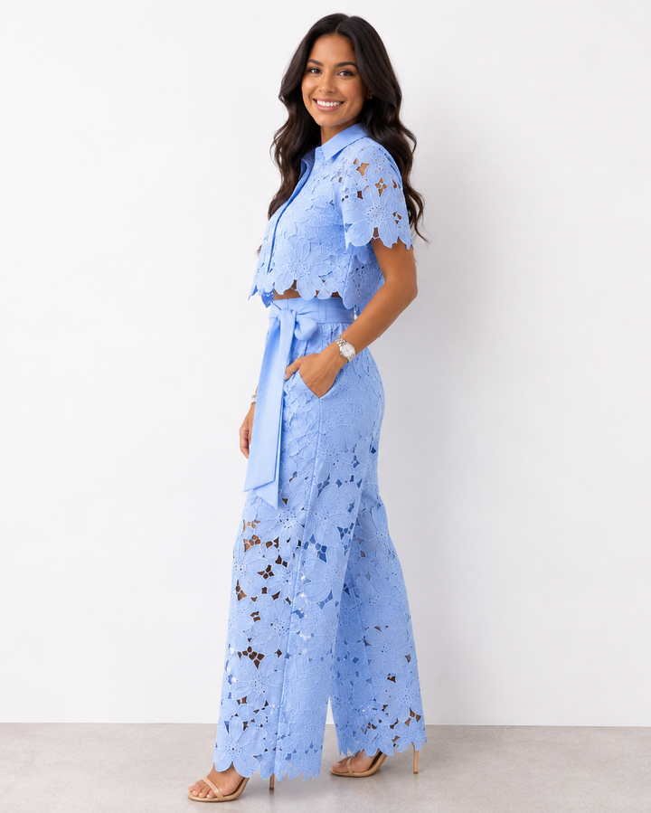 Floral Lace Two Piece Set – Tied Waist Wide-Leg Pants