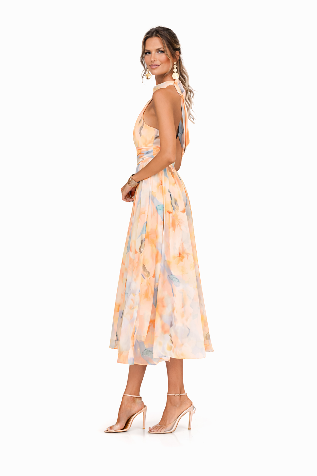 Women's Floral Chiffon Halter Neck Maxi Dress – Open Back Self-Tie