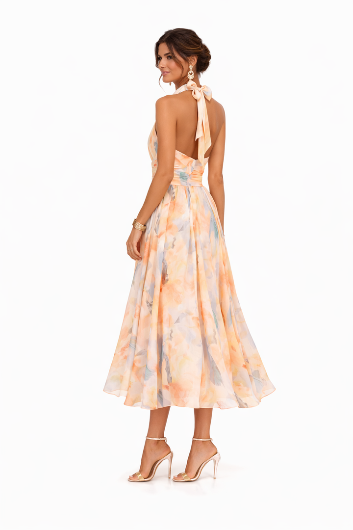 Women's Floral Chiffon Halter Neck Maxi Dress – Open Back Self-Tie