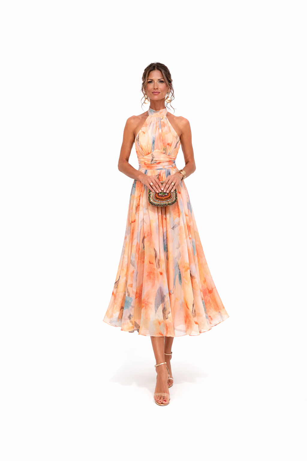 Women's Floral Chiffon Halter Neck Maxi Dress – Open Back Self-Tie – Weston Couture