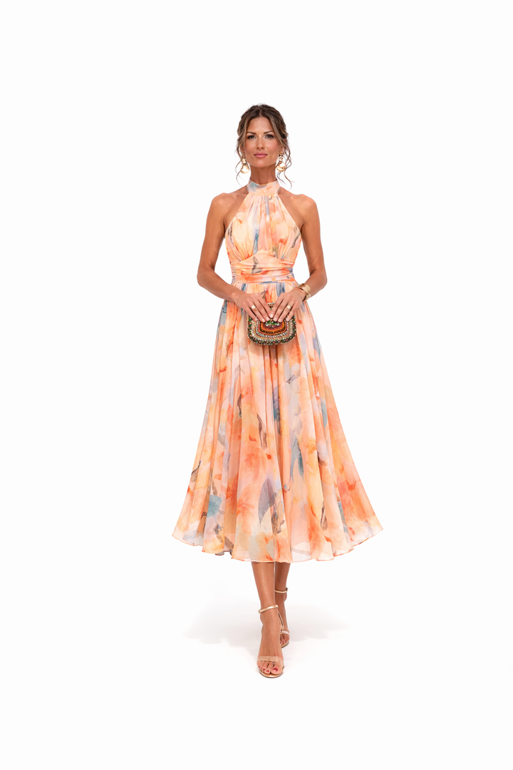 Women's Floral Chiffon Halter Neck Maxi Dress – Open Back Self-Tie