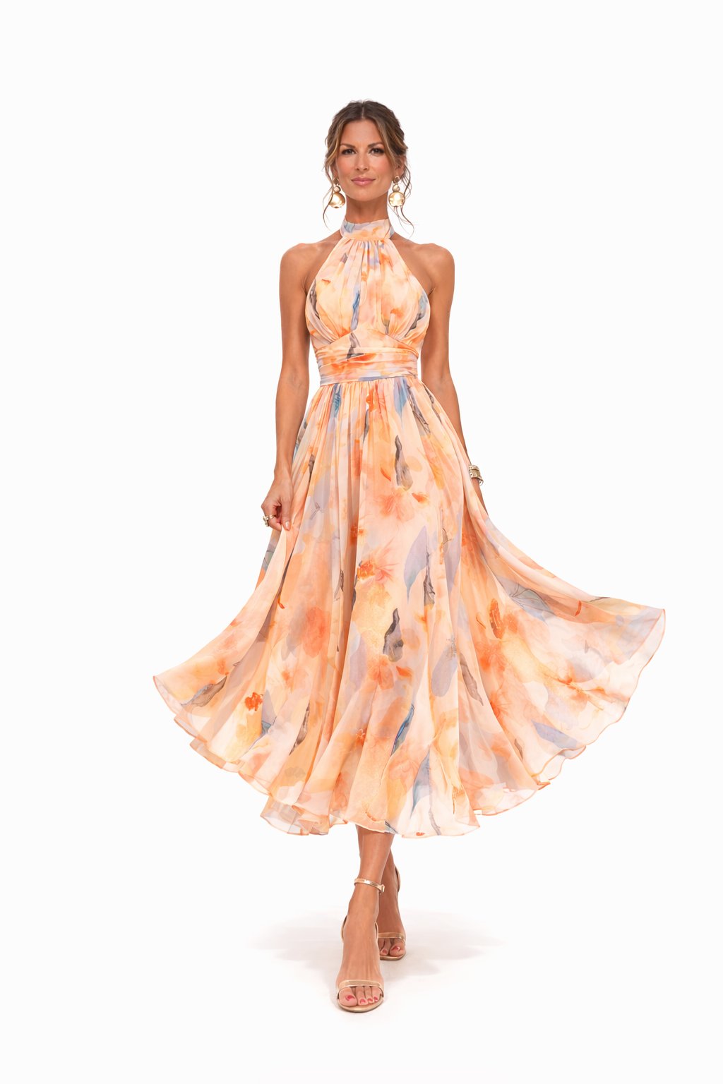 Women's Floral Chiffon Halter Neck Maxi Dress – Open Back Self-Tie