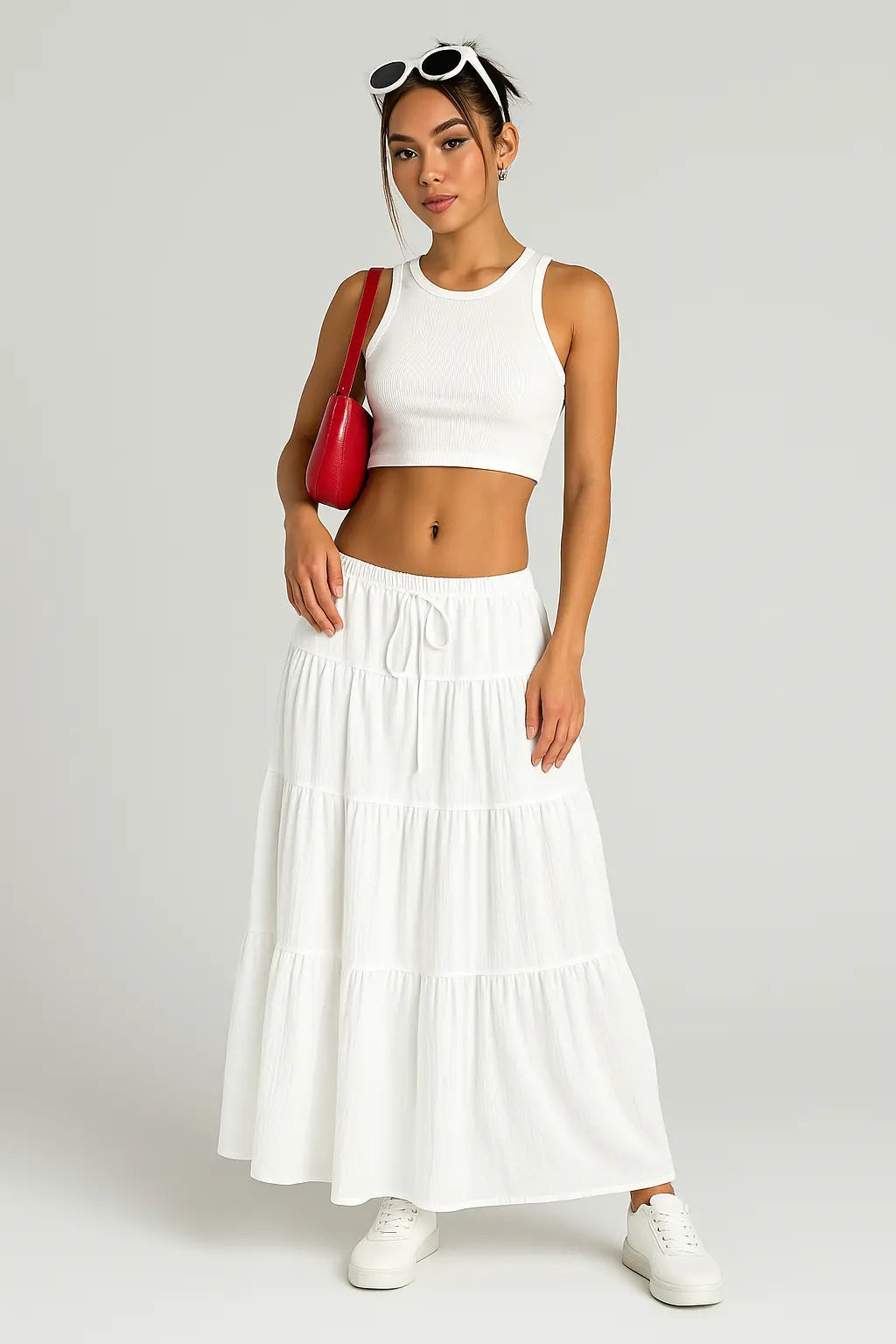 Women's Tiered Maxi Skirt – Elastic Drawstring Waist Ruffled
