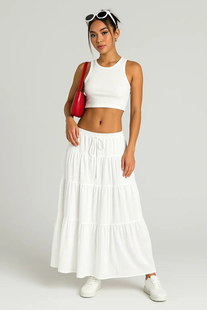 Women's Tiered Maxi Skirt – Elastic Drawstring Waist Ruffled