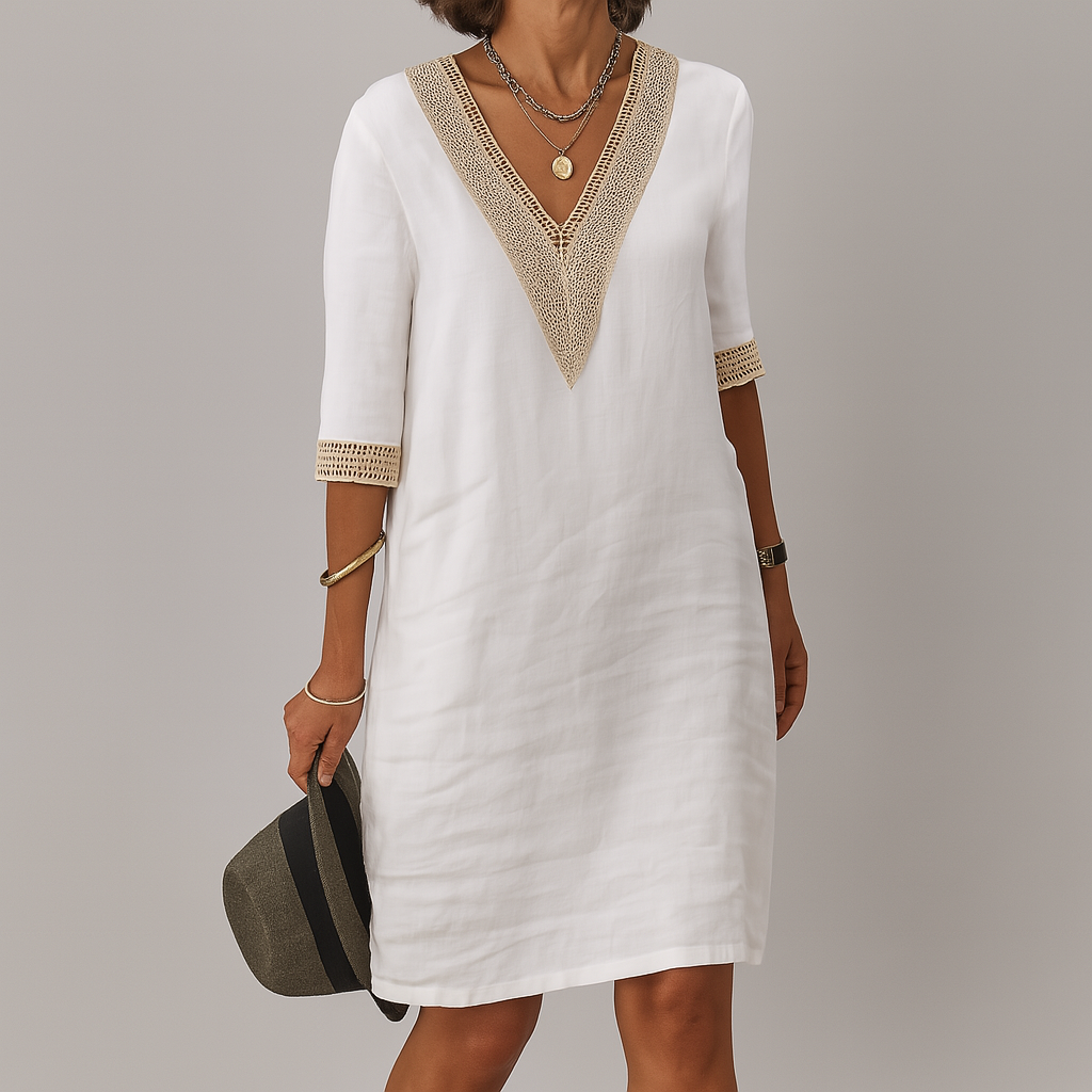 Women's Linen Midi Dress Relaxed Fit – Round Neck Summer Style