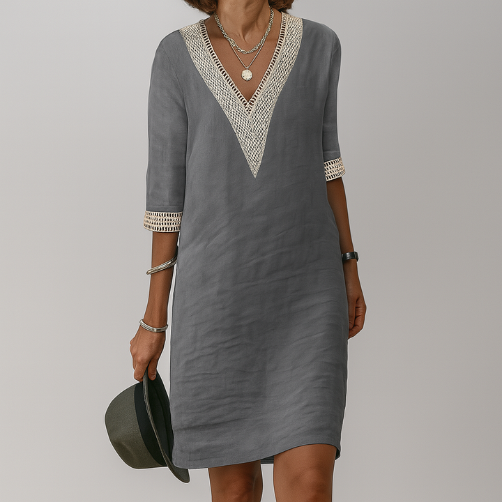 Women's Linen Midi Dress Relaxed Fit – Round Neck Summer Style