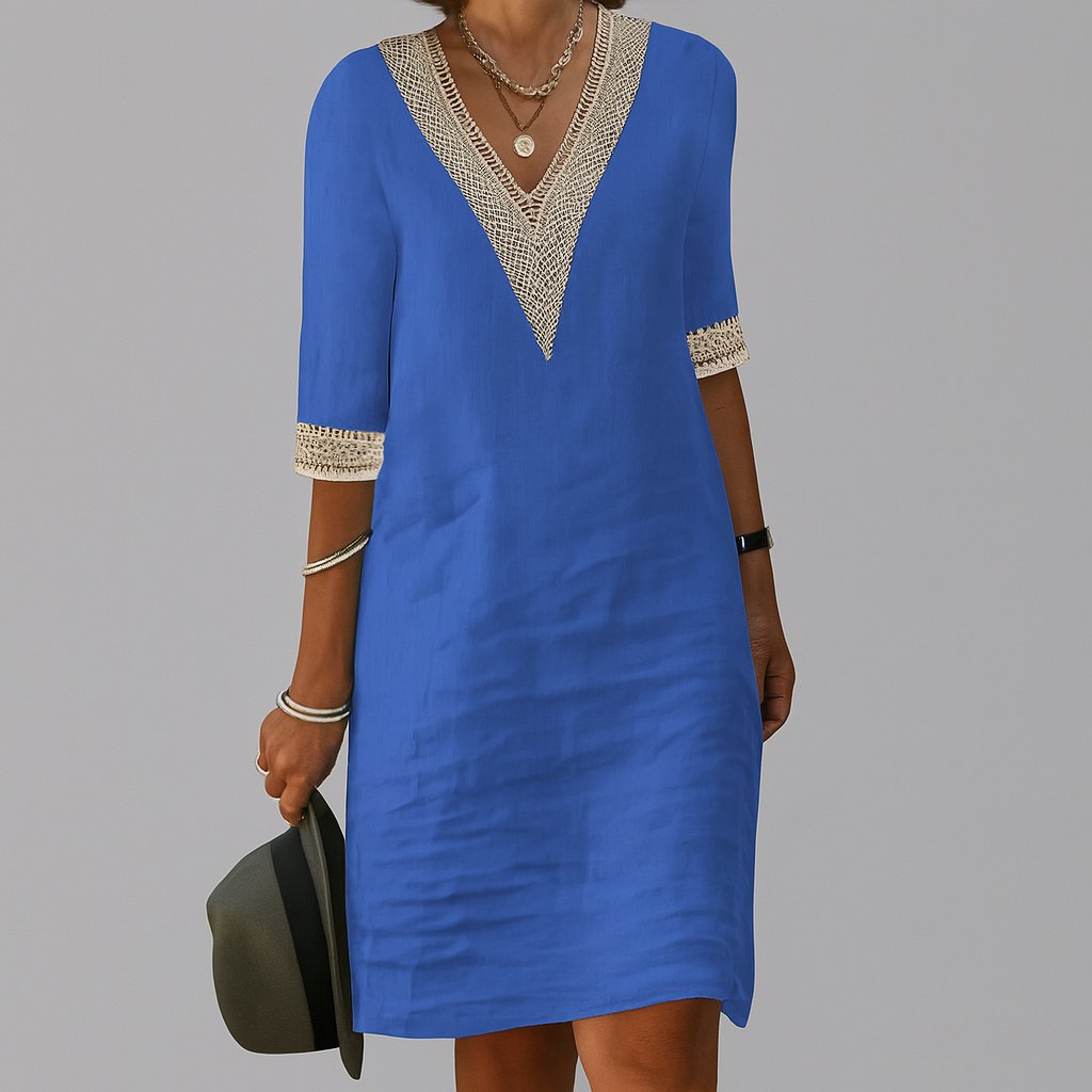 Women's Linen Midi Dress Relaxed Fit – Round Neck Summer Style