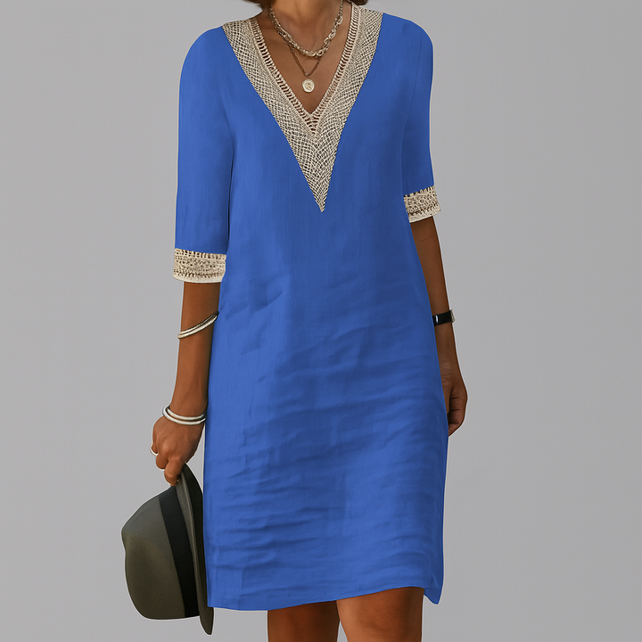 Women's Linen Midi Dress Relaxed Fit – Round Neck Summer Style