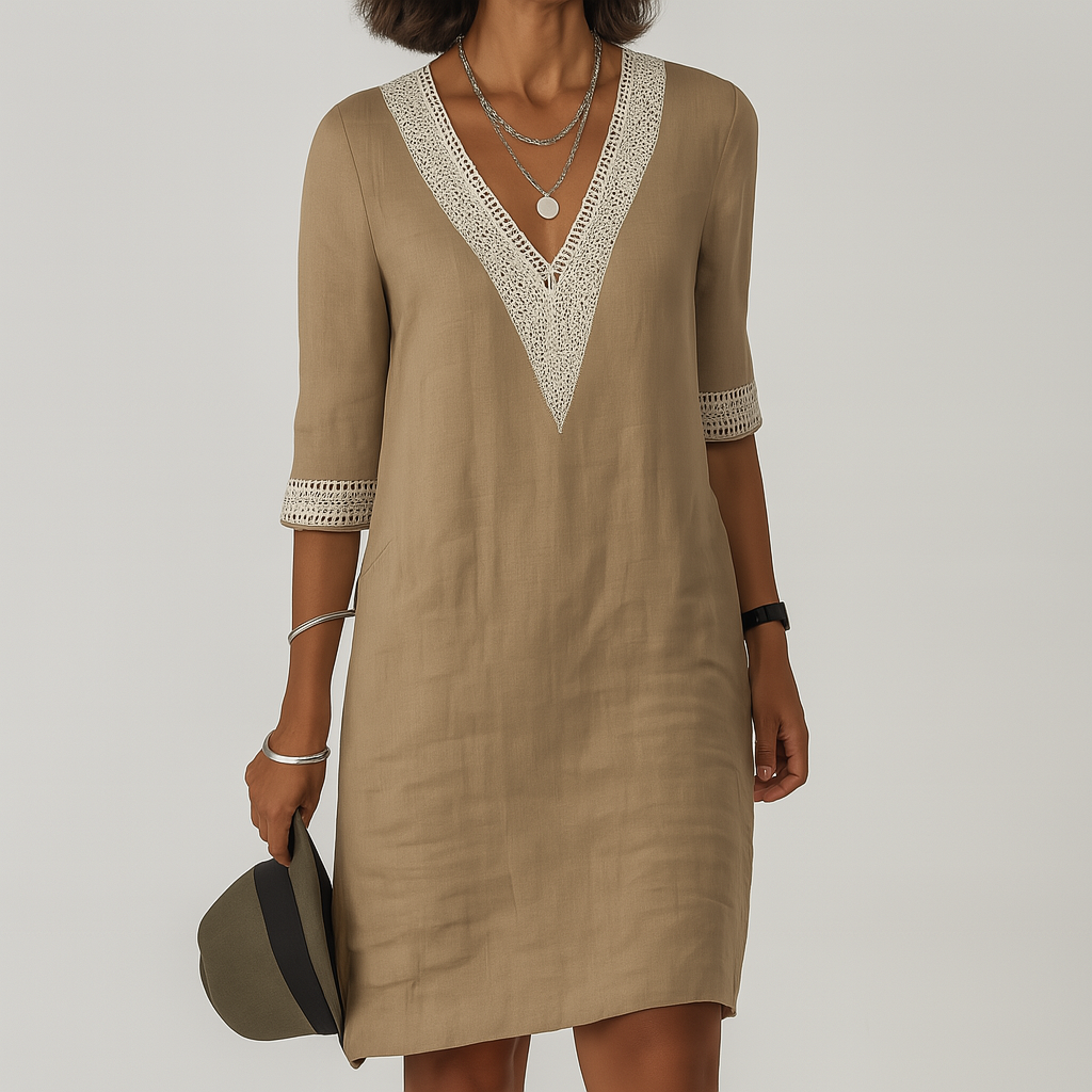 Women's Linen Midi Dress Relaxed Fit – Round Neck Summer Style