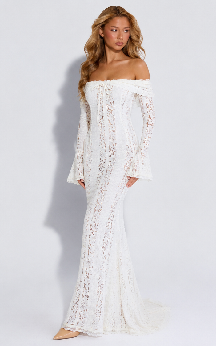 Lace Maxi Dress – Mermaid Hem, Off-Shoulder & Flared Sleeve