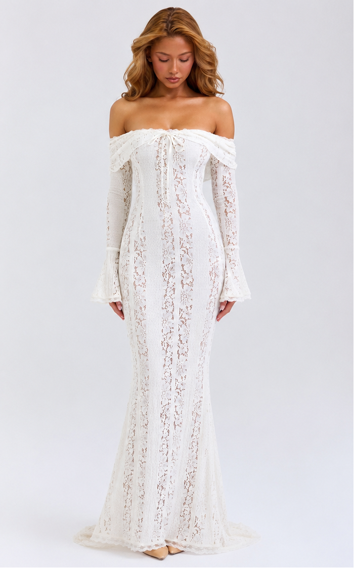 Lace Maxi Dress – Mermaid Hem, Off-Shoulder & Flared Sleeve