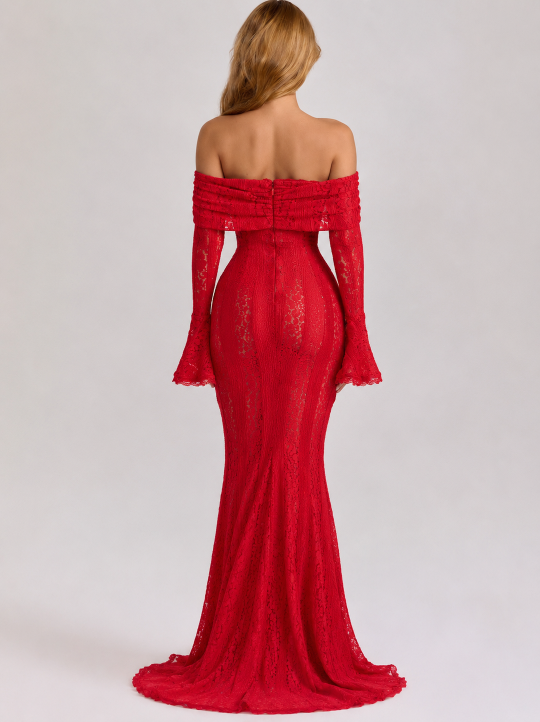 Lace Maxi Dress – Mermaid Hem, Off-Shoulder & Flared Sleeve
