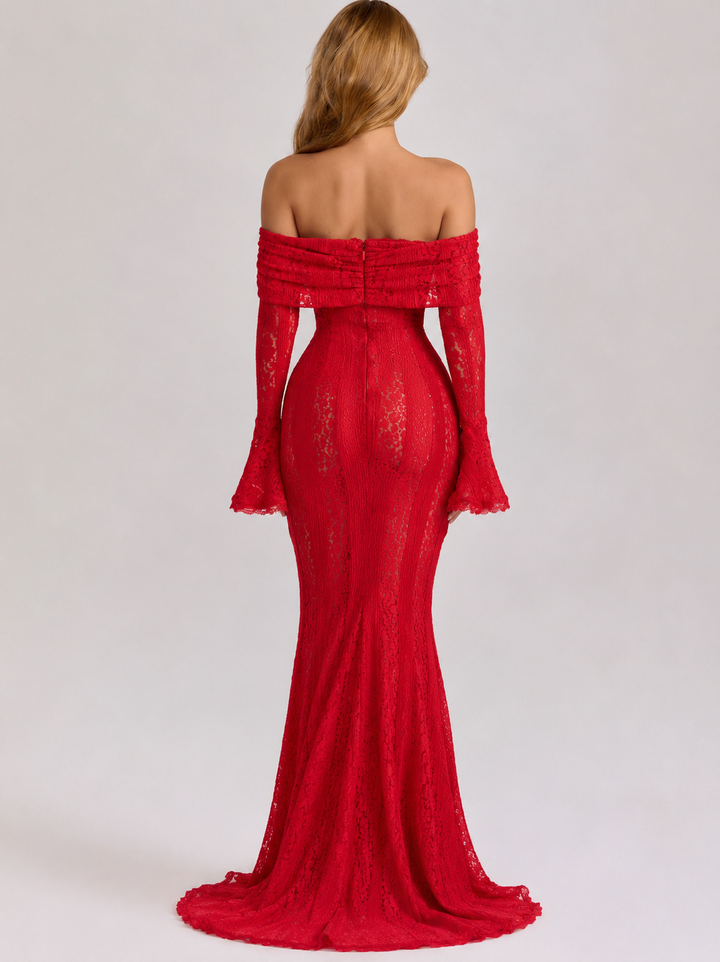 Lace Maxi Dress – Mermaid Hem, Off-Shoulder & Flared Sleeve