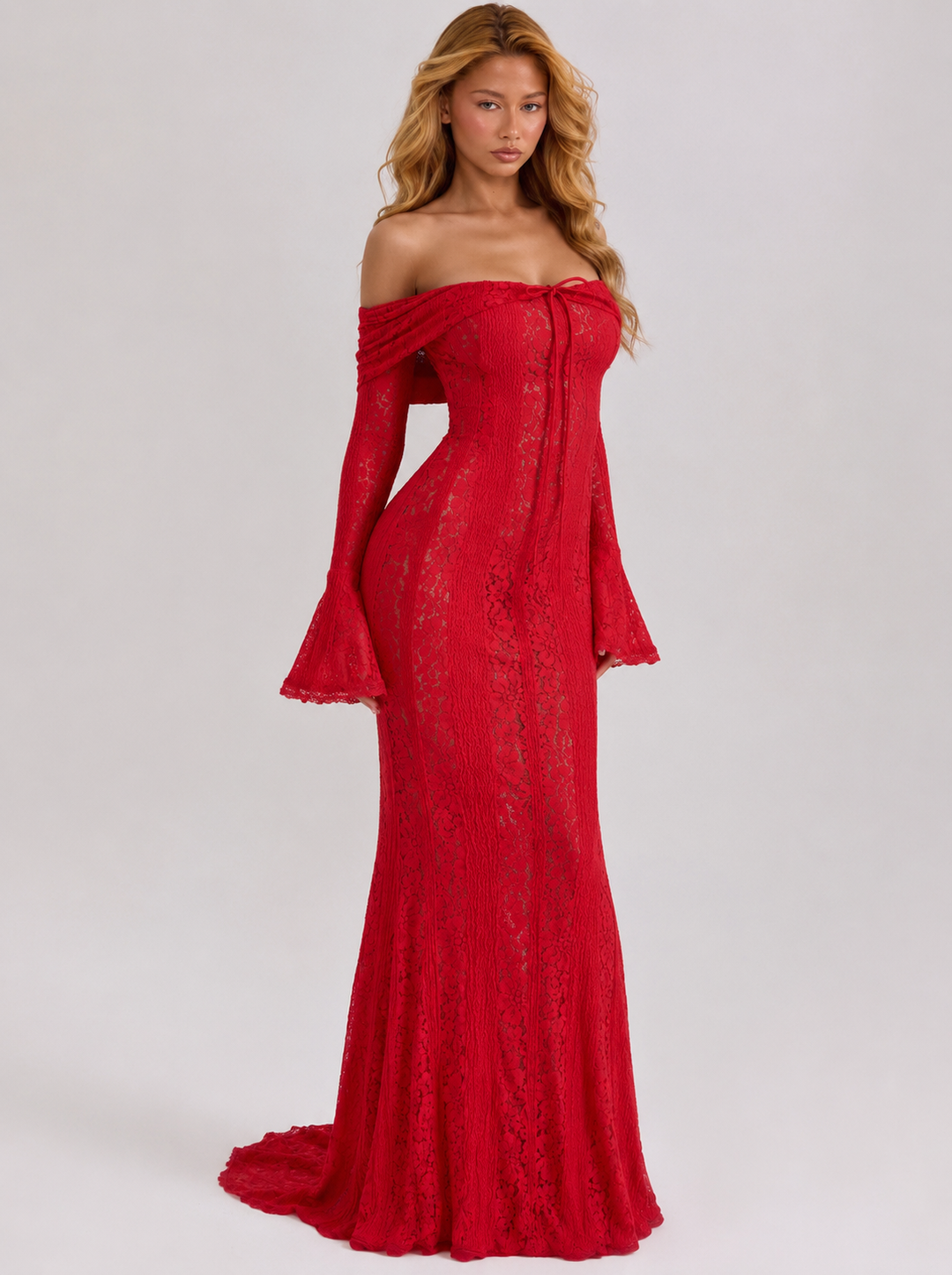 Lace Maxi Dress – Mermaid Hem, Off-Shoulder & Flared Sleeve