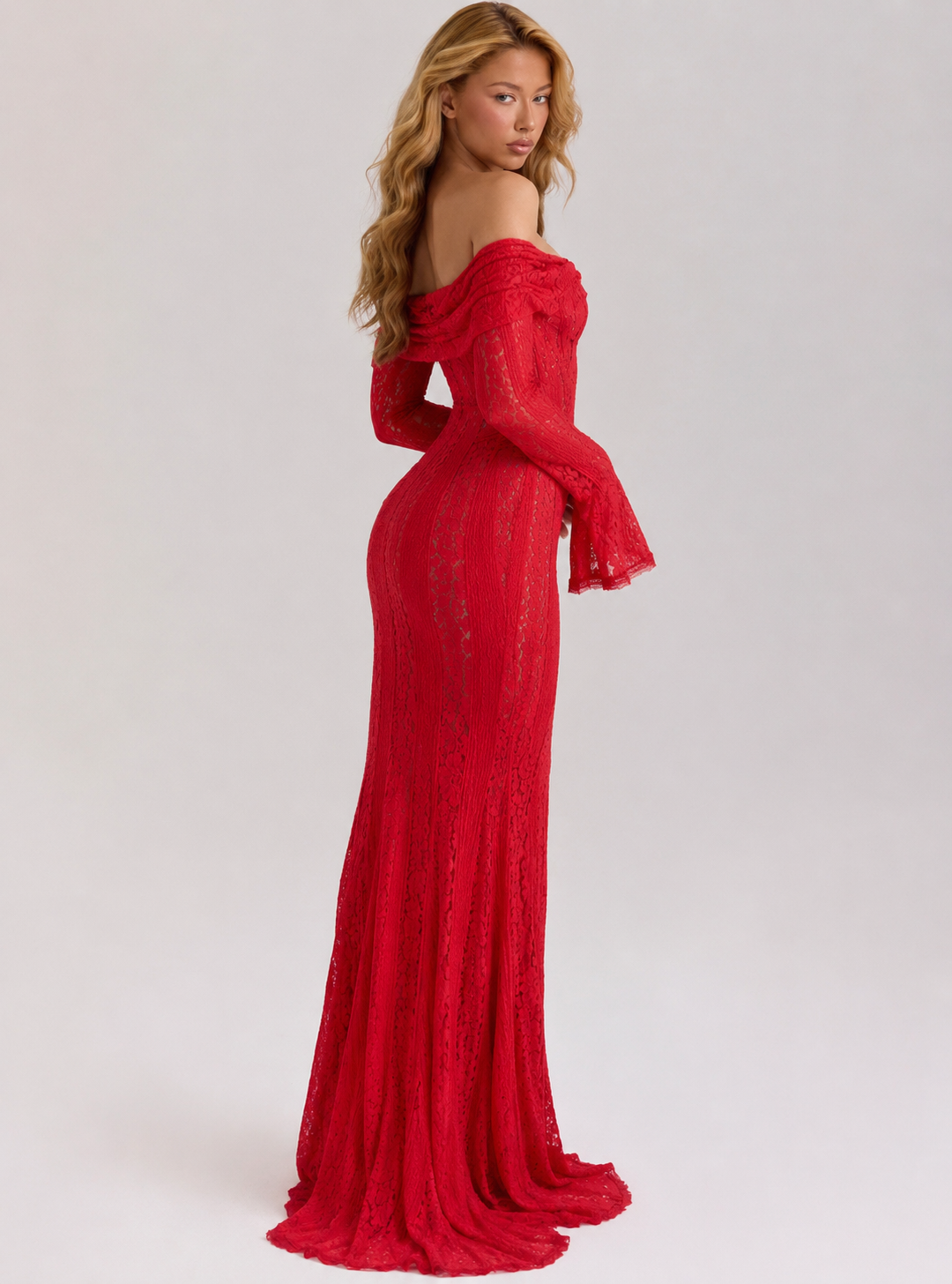 Lace Maxi Dress – Mermaid Hem, Off-Shoulder & Flared Sleeve