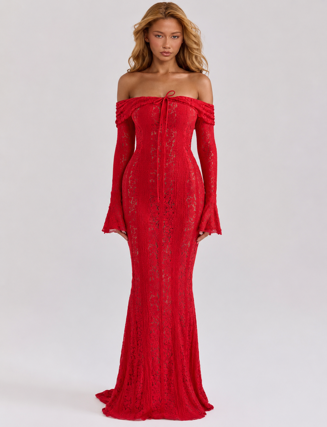 Lace Maxi Dress – Mermaid Hem, Off-Shoulder & Flared Sleeve