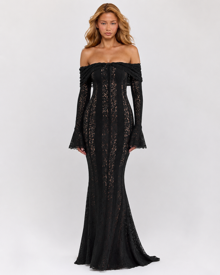Lace Maxi Dress – Mermaid Hem, Off-Shoulder & Flared Sleeve