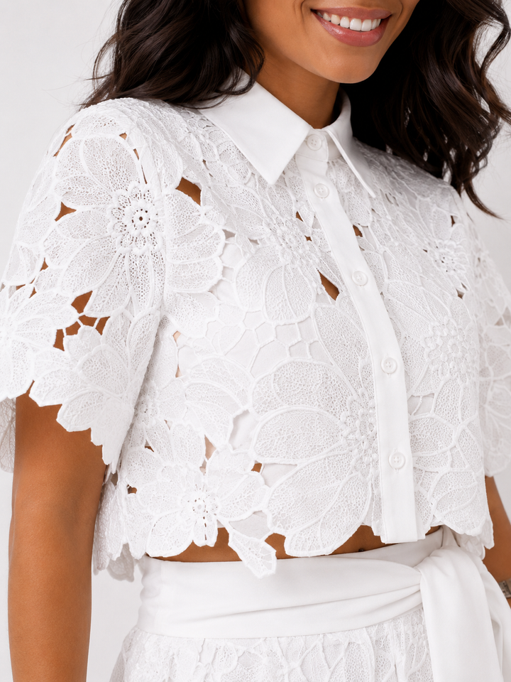 Floral Lace Two Piece Set – Tied Waist Wide-Leg Pants