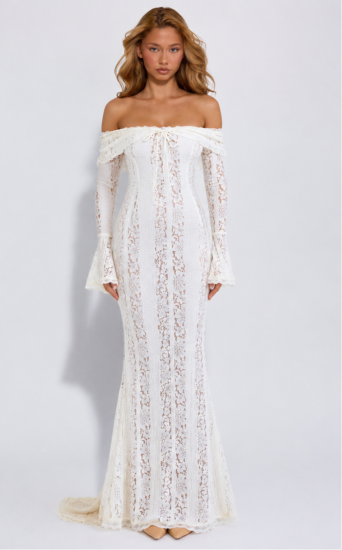 Lace Maxi Dress – Mermaid Hem, Off-Shoulder & Flared Sleeve
