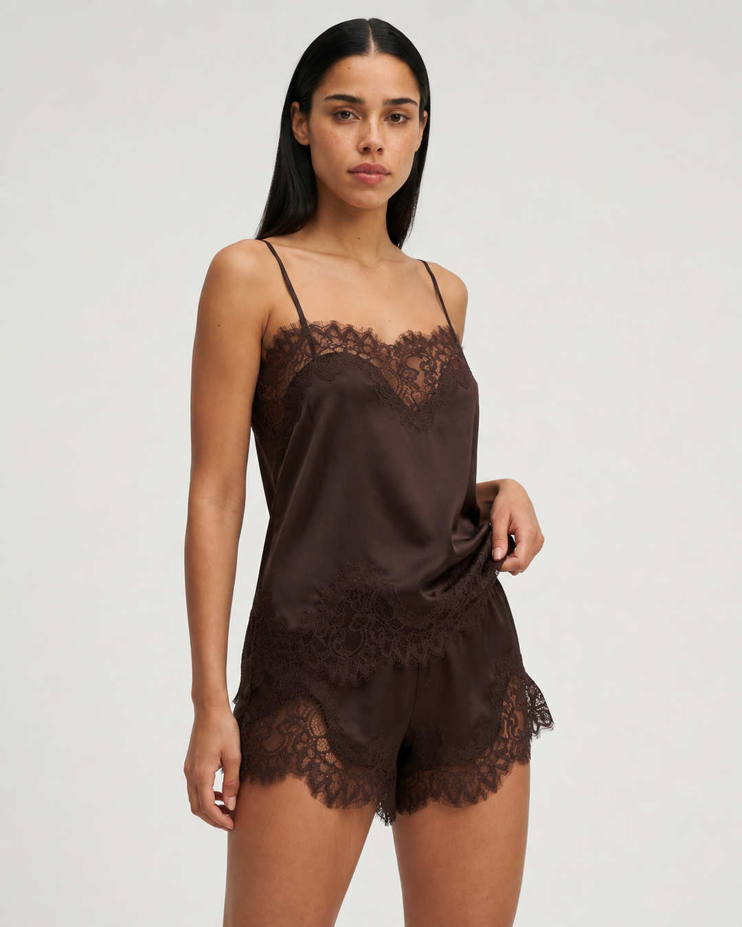 Women's Cami & Shorts Set – Lace Trim Fluid Drape