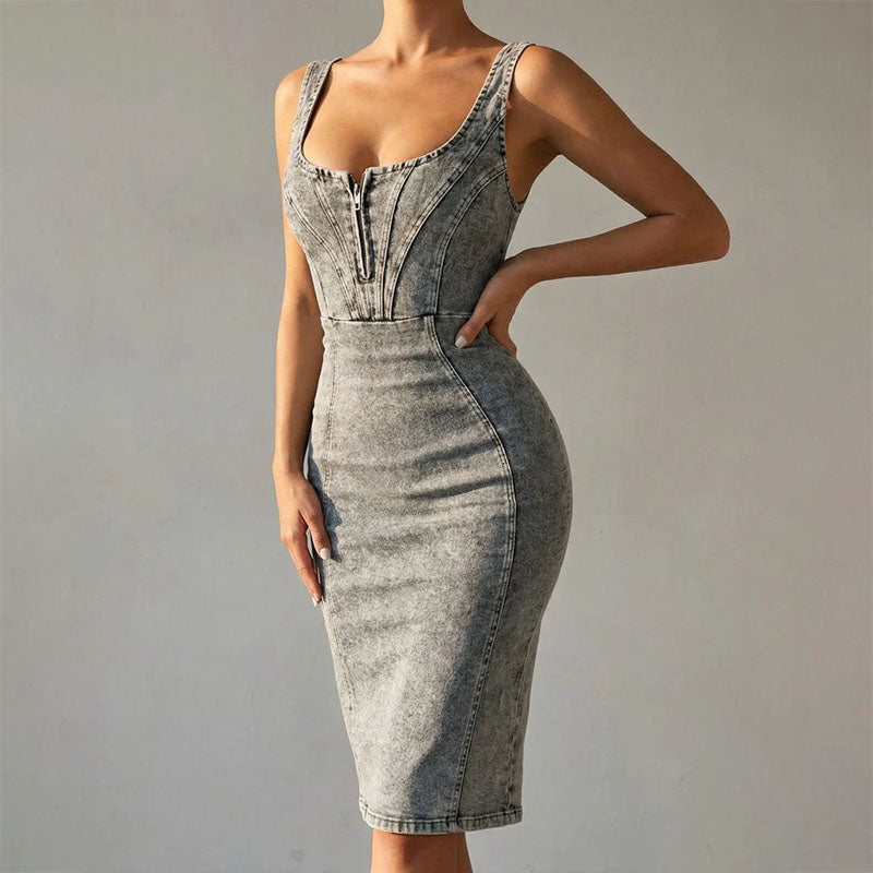 Women's Denim Bodycon Midi Dress – Scoop Neck Front Zip Side Slit