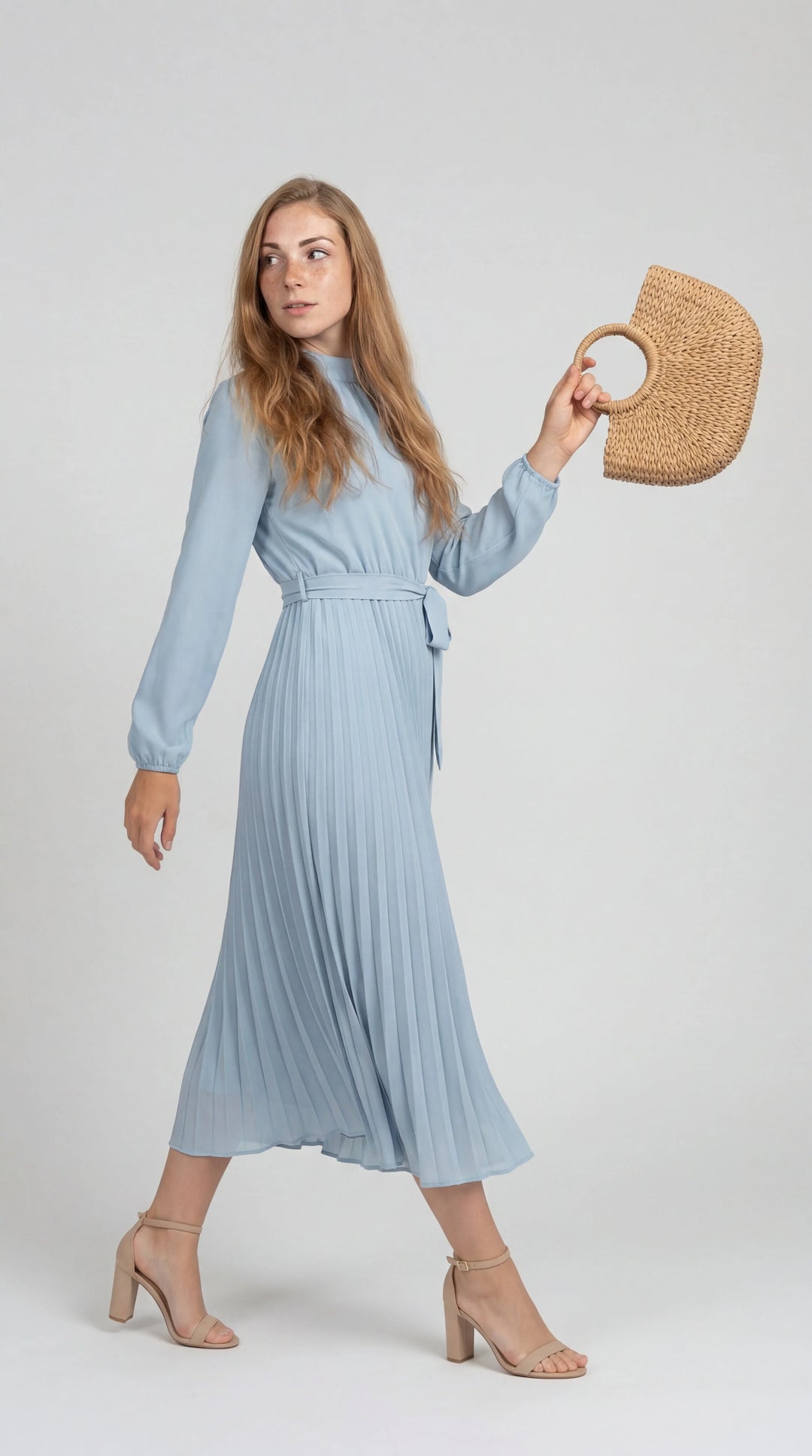 Women's Pleated Midi Dress Mock Turtleneck – Long Sleeve Belted Fluid