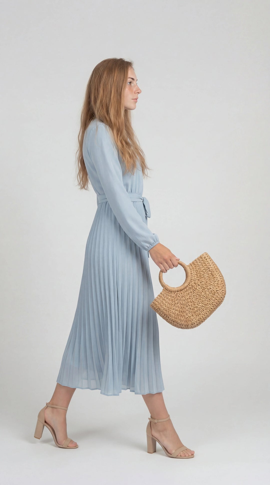 Women's Pleated Midi Dress Mock Turtleneck – Long Sleeve Belted Fluid