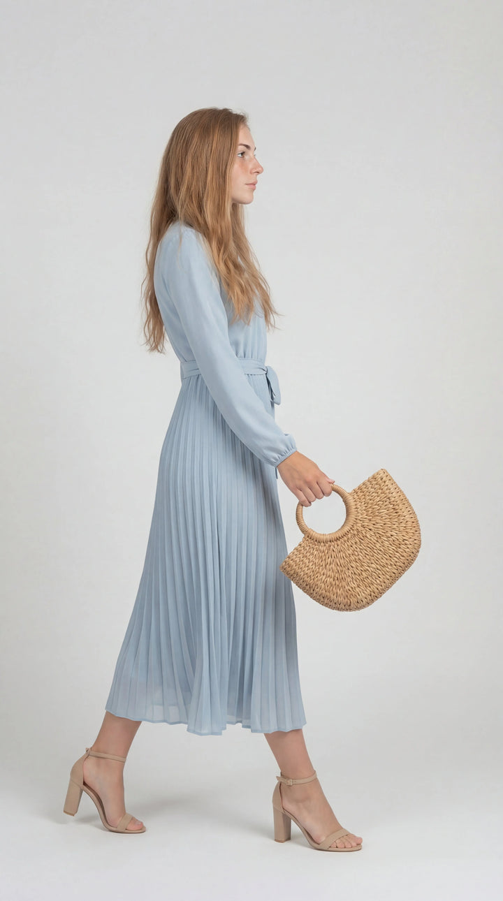 Women's Pleated Midi Dress Mock Turtleneck – Long Sleeve Belted Fluid