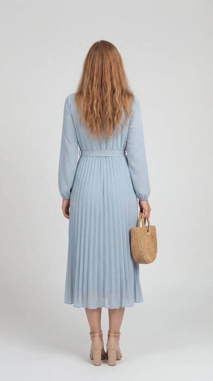 Women's Pleated Midi Dress Mock Turtleneck – Long Sleeve Belted Fluid