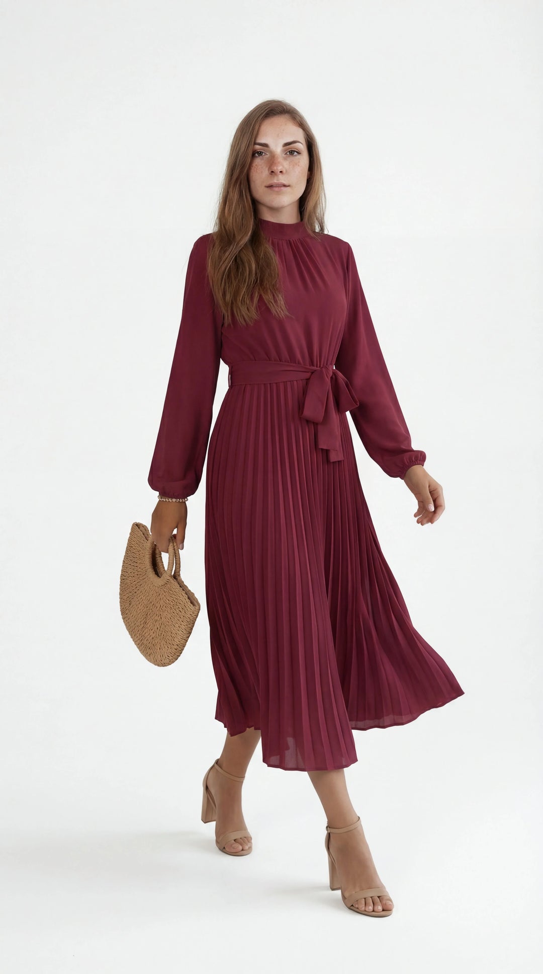 Women's Pleated Midi Dress Mock Turtleneck – Long Sleeve Belted Fluid