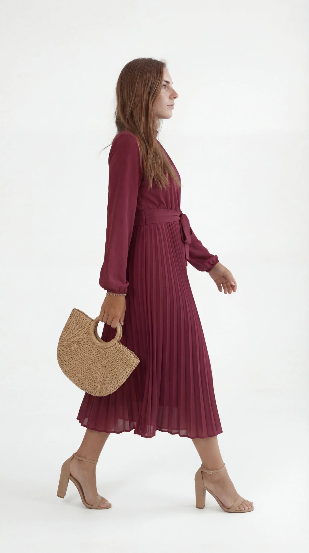 Women's Pleated Midi Dress Mock Turtleneck – Long Sleeve Belted Fluid