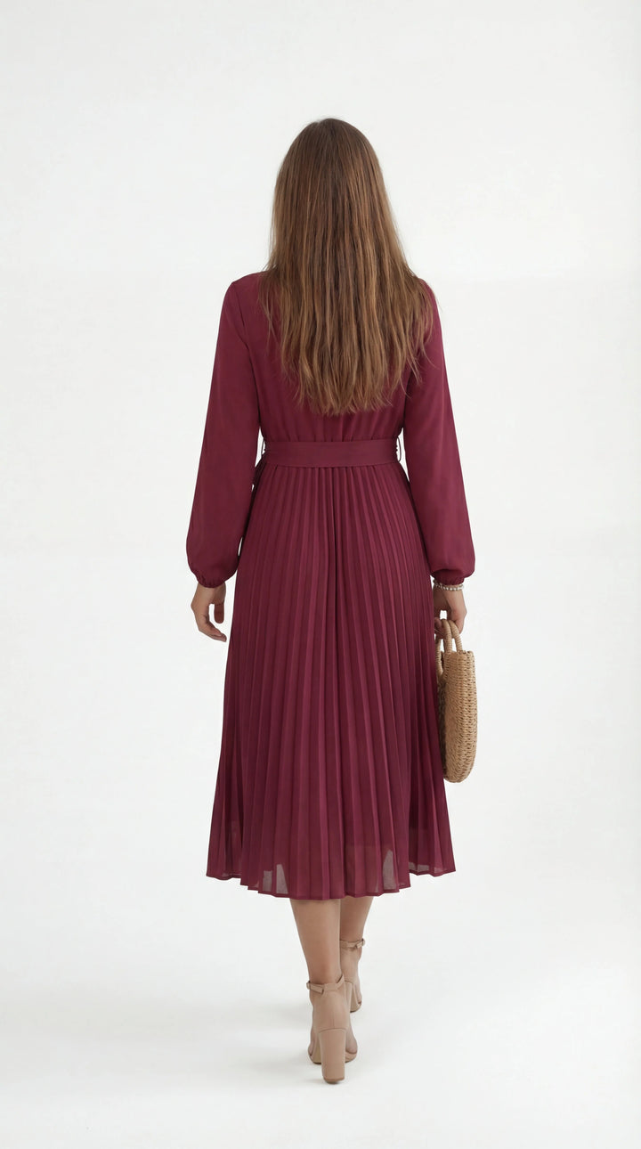 Women's Pleated Midi Dress Mock Turtleneck – Long Sleeve Belted Fluid
