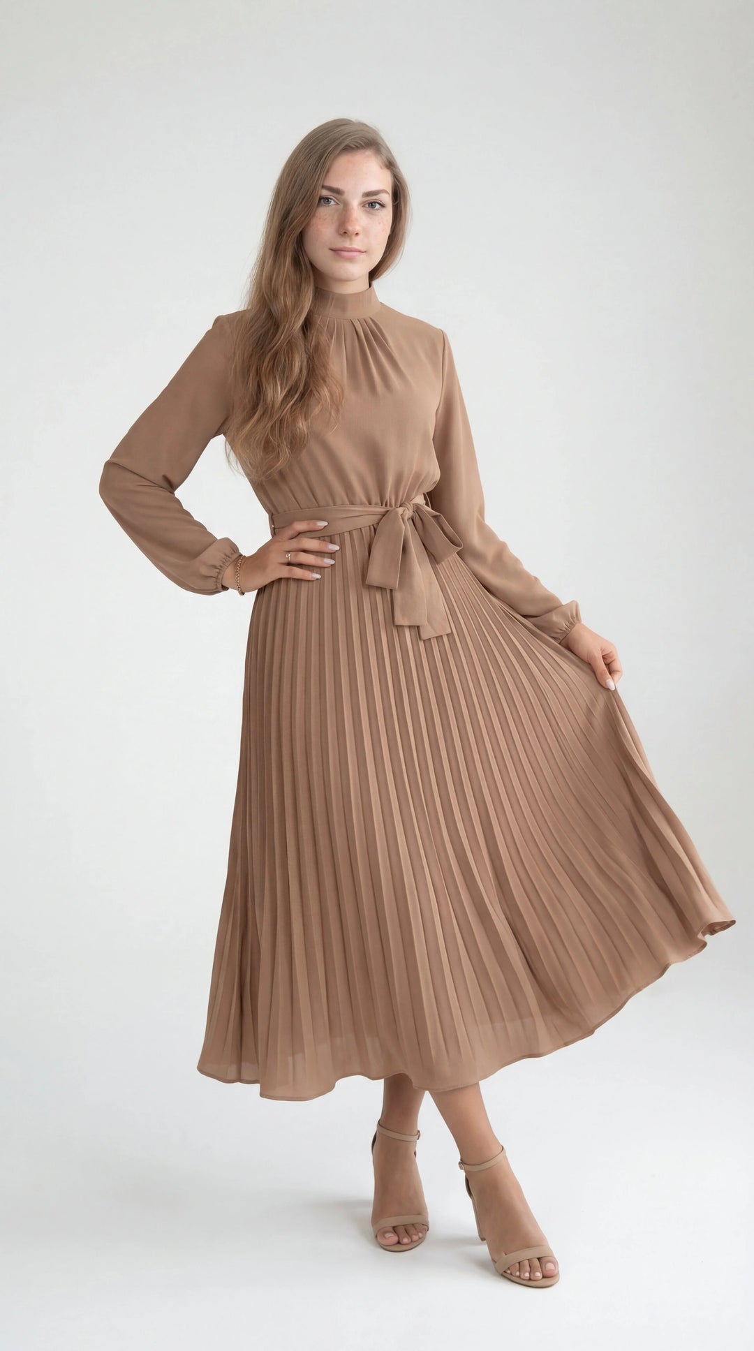 Women's Pleated Midi Dress Mock Turtleneck – Long Sleeve Belted Fluid