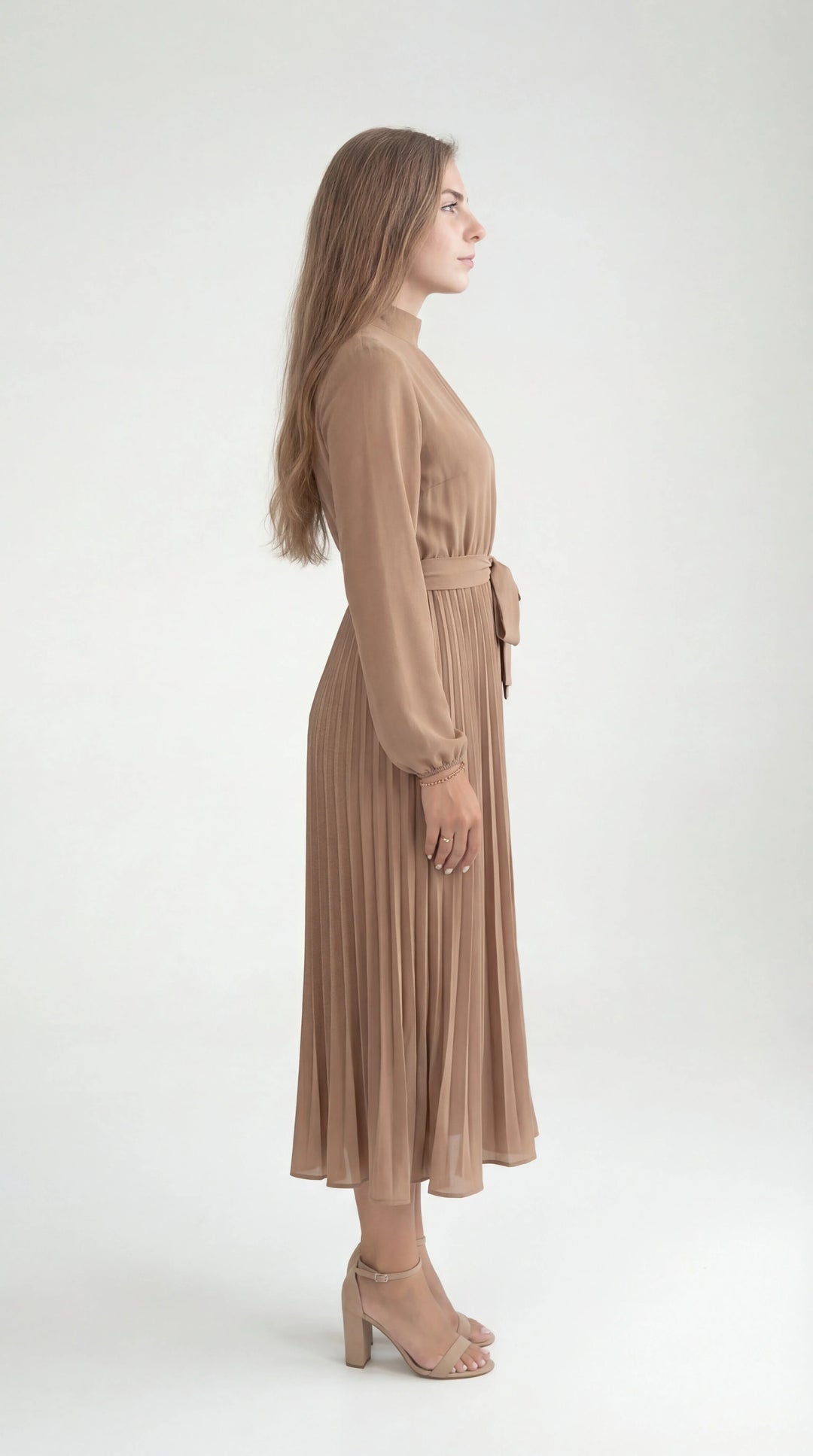 Women's Pleated Midi Dress Mock Turtleneck – Long Sleeve Belted Fluid