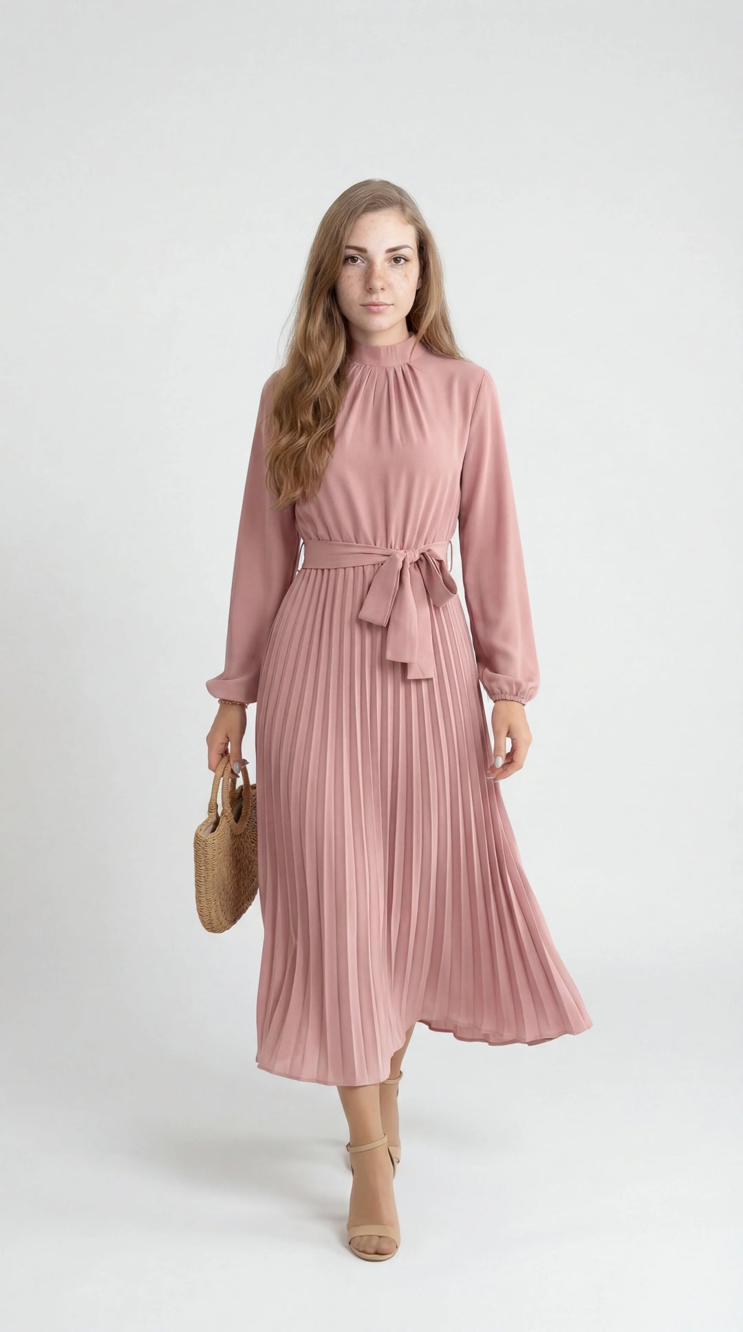 Women's Pleated Midi Dress Mock Turtleneck – Long Sleeve Belted Fluid