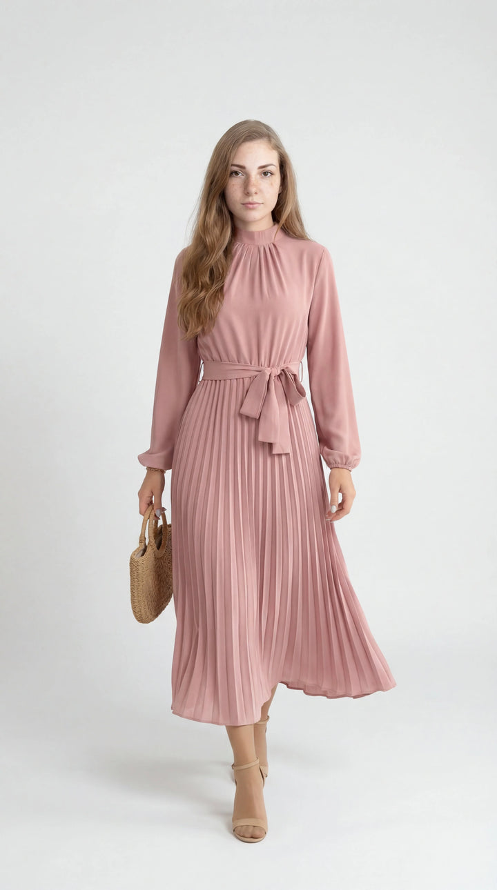Women's Pleated Midi Dress Mock Turtleneck – Long Sleeve Belted Fluid
