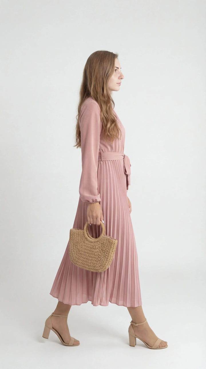 Women's Pleated Midi Dress Mock Turtleneck – Long Sleeve Belted Fluid