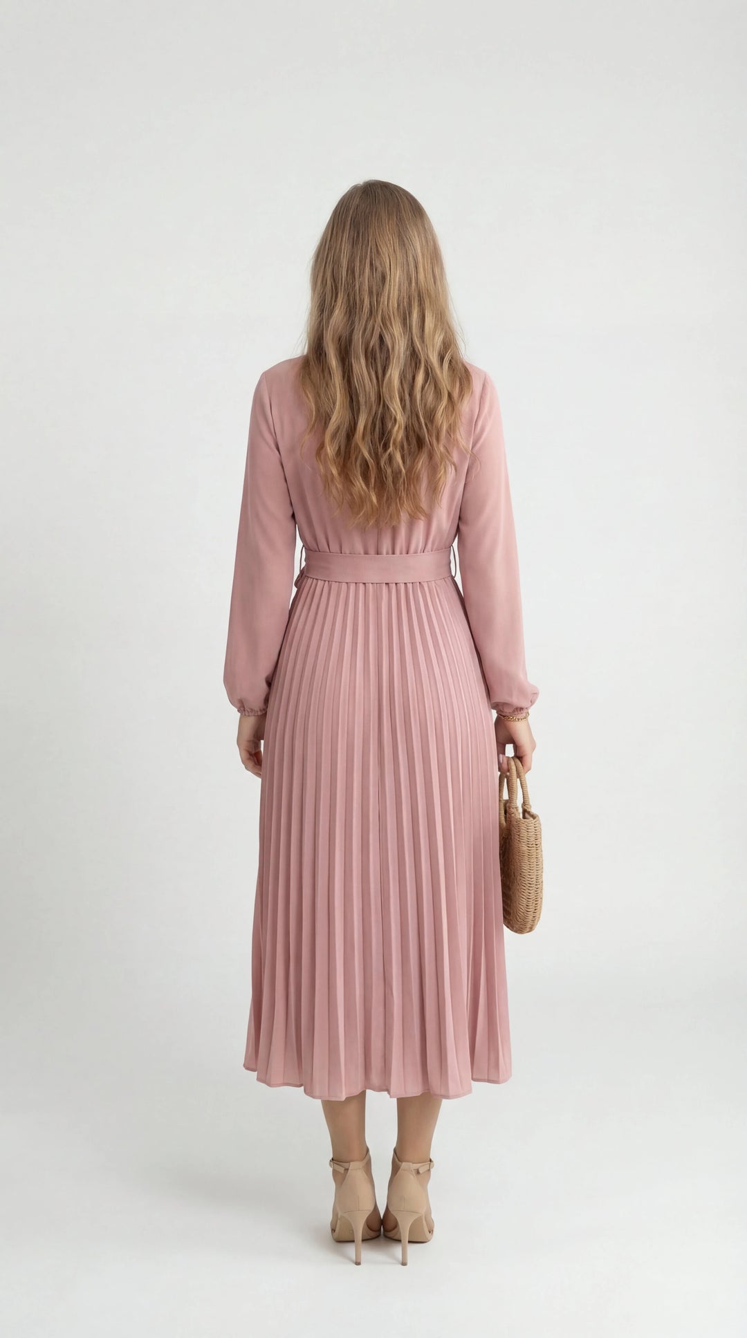 Women's Pleated Midi Dress Mock Turtleneck – Long Sleeve Belted Fluid