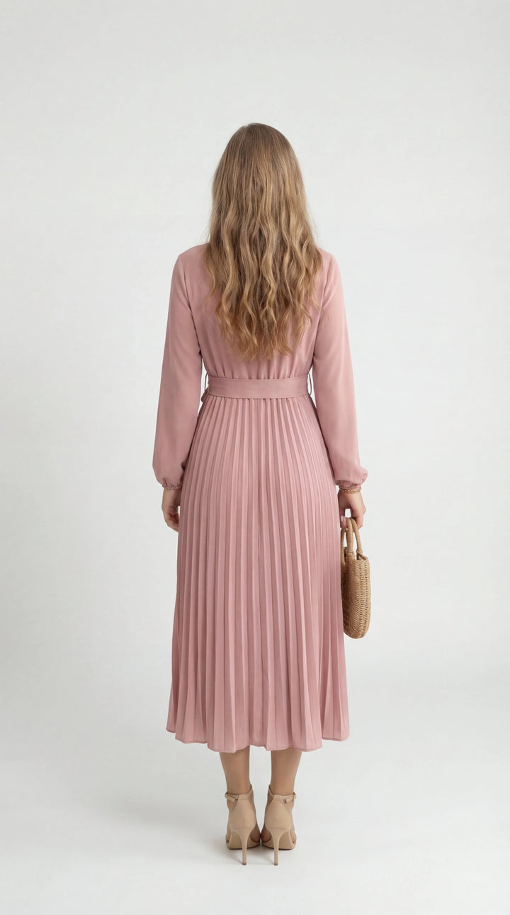 Women's Pleated Midi Dress Mock Turtleneck – Long Sleeve Belted Fluid