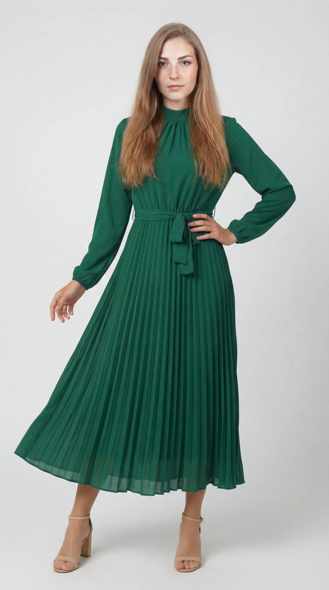 Women's Pleated Midi Dress Mock Turtleneck – Long Sleeve Belted Fluid