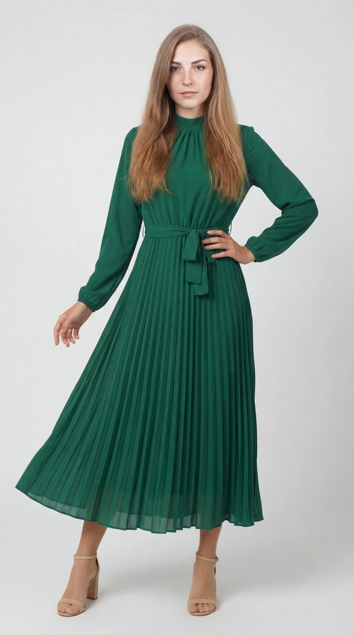 Women's Pleated Midi Dress Mock Turtleneck – Long Sleeve Belted Fluid