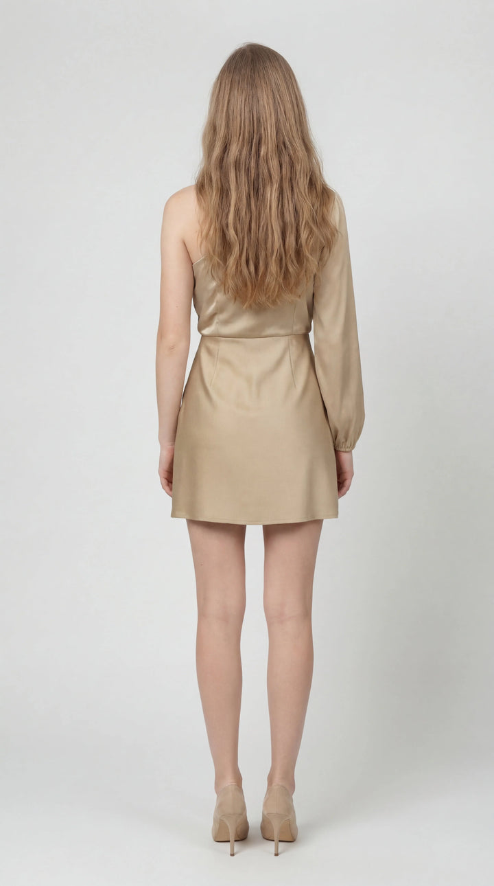 Women's One-Shoulder Satin Mini Dress – Balloon Sleeve Asymmetric