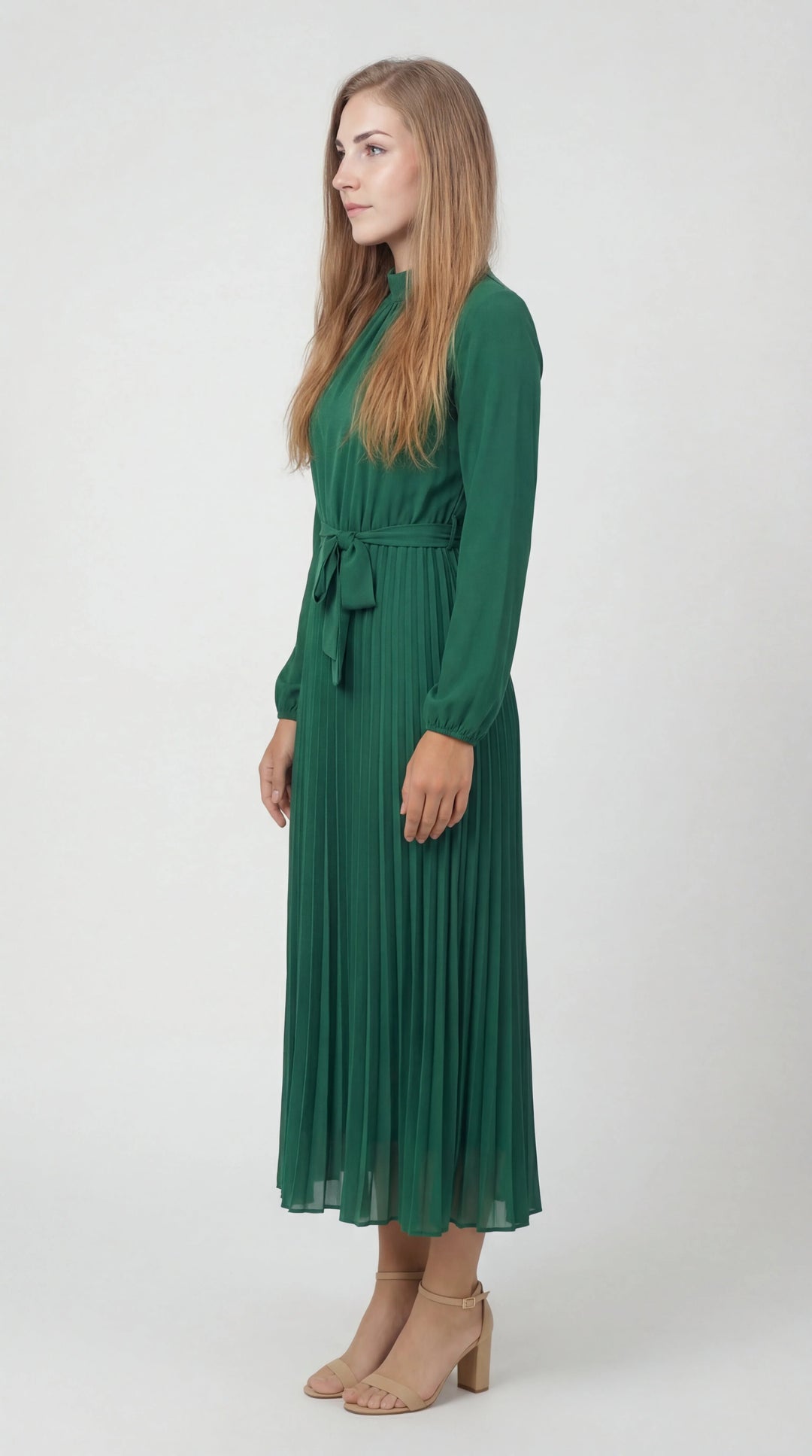 Women's Pleated Midi Dress Mock Turtleneck – Long Sleeve Belted Fluid