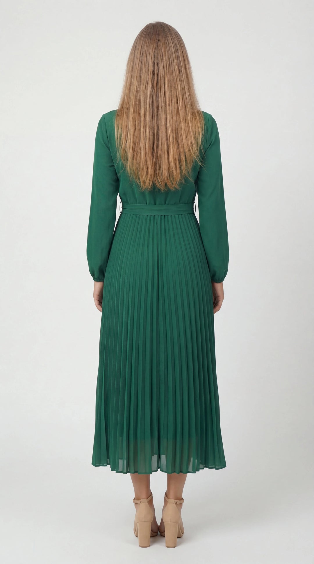 Women's Pleated Midi Dress Mock Turtleneck – Long Sleeve Belted Fluid