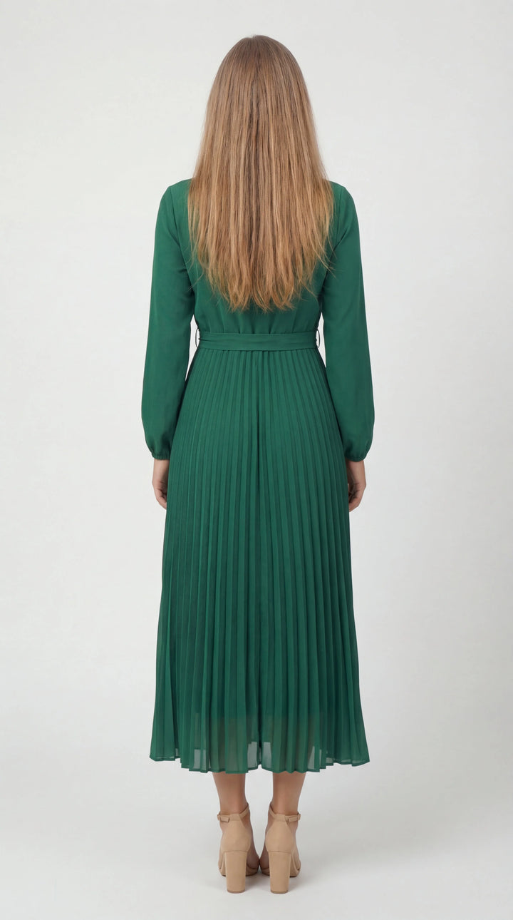 Women's Pleated Midi Dress Mock Turtleneck – Long Sleeve Belted Fluid