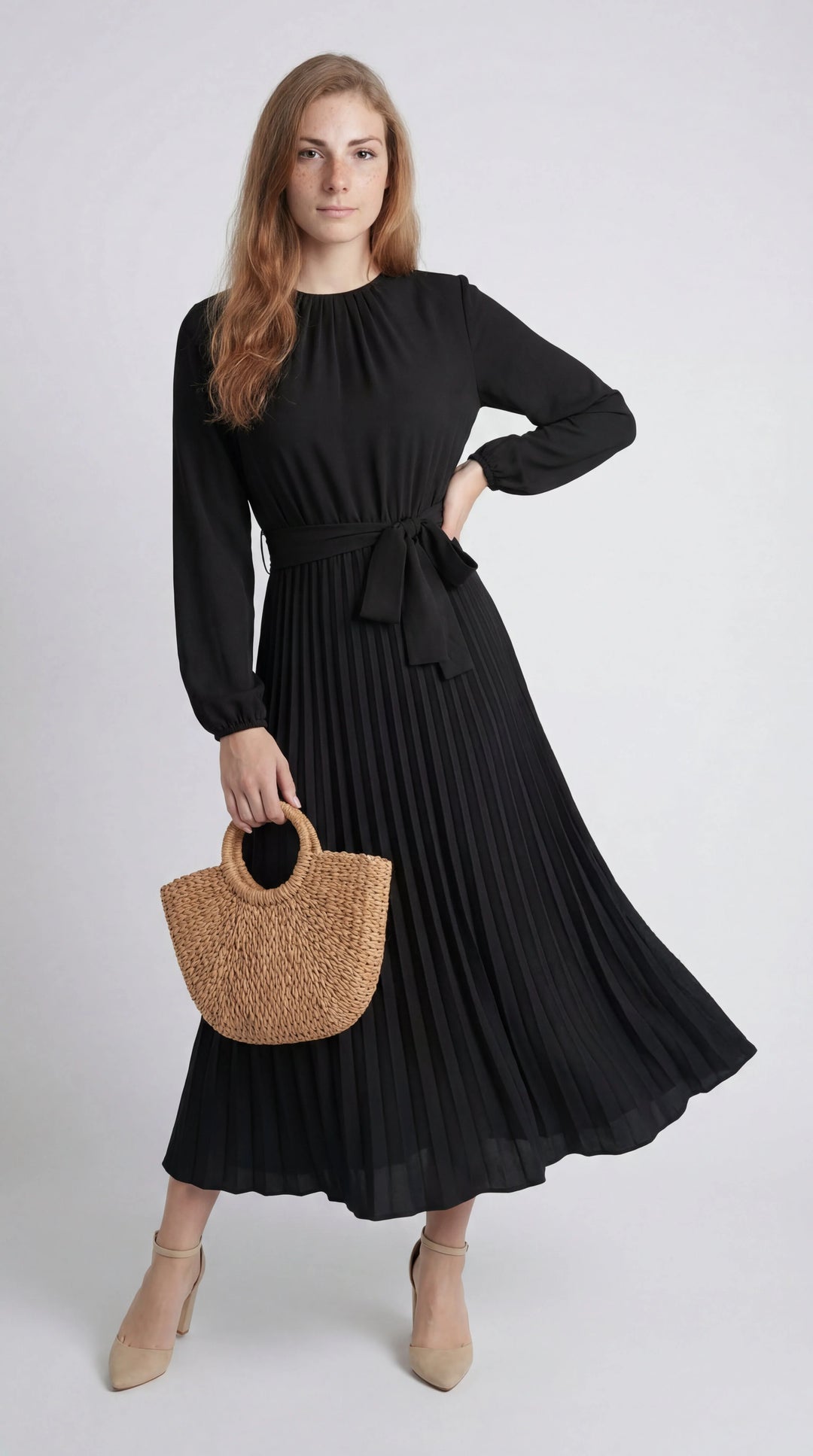 Women's Pleated Midi Dress Mock Turtleneck – Long Sleeve Belted Fluid