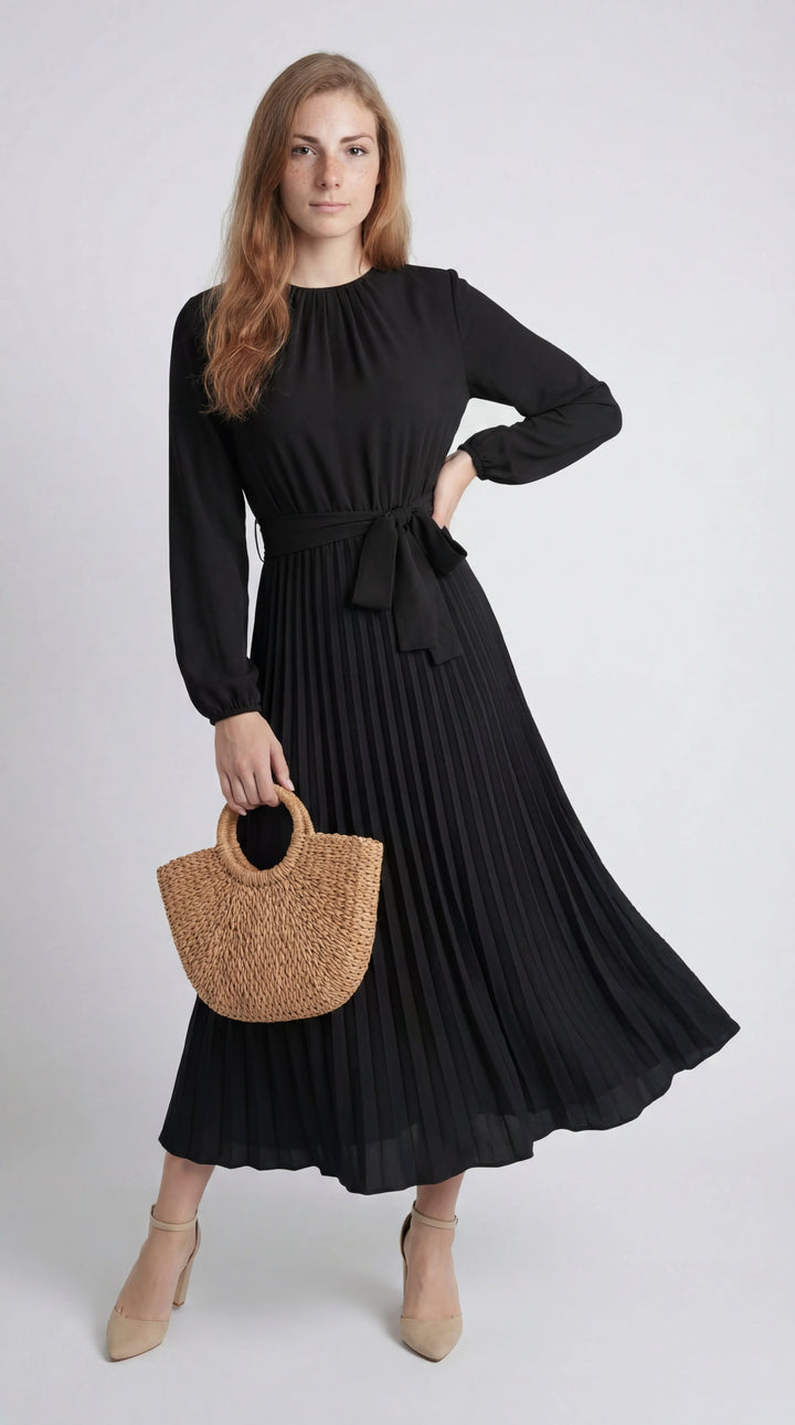 Women's Pleated Midi Dress Mock Turtleneck – Long Sleeve Belted Fluid