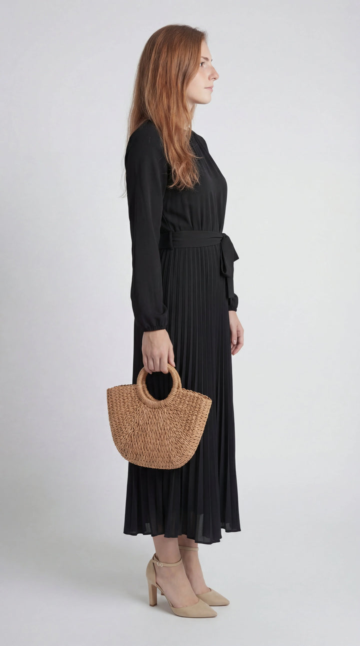 Women's Pleated Midi Dress Mock Turtleneck – Long Sleeve Belted Fluid