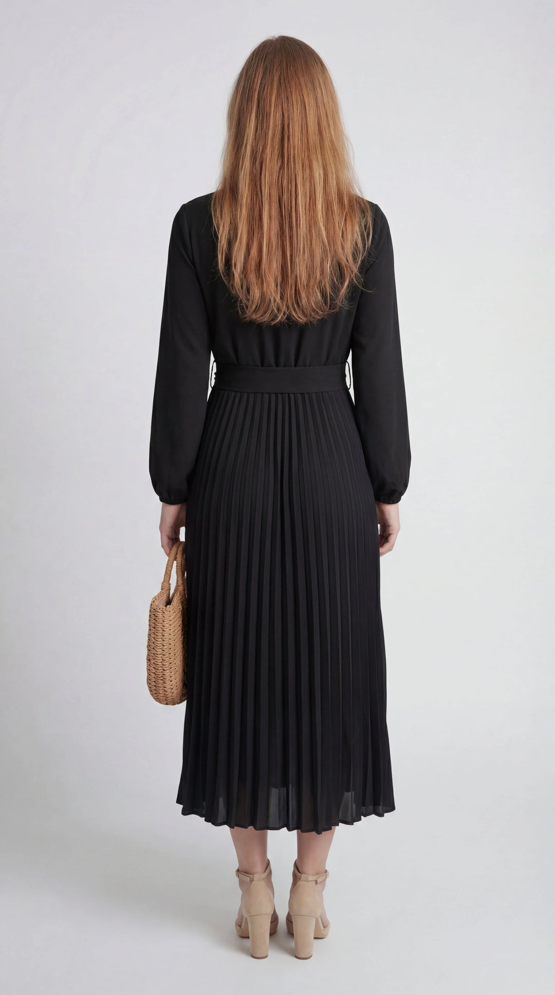 Women's Pleated Midi Dress Mock Turtleneck – Long Sleeve Belted Fluid
